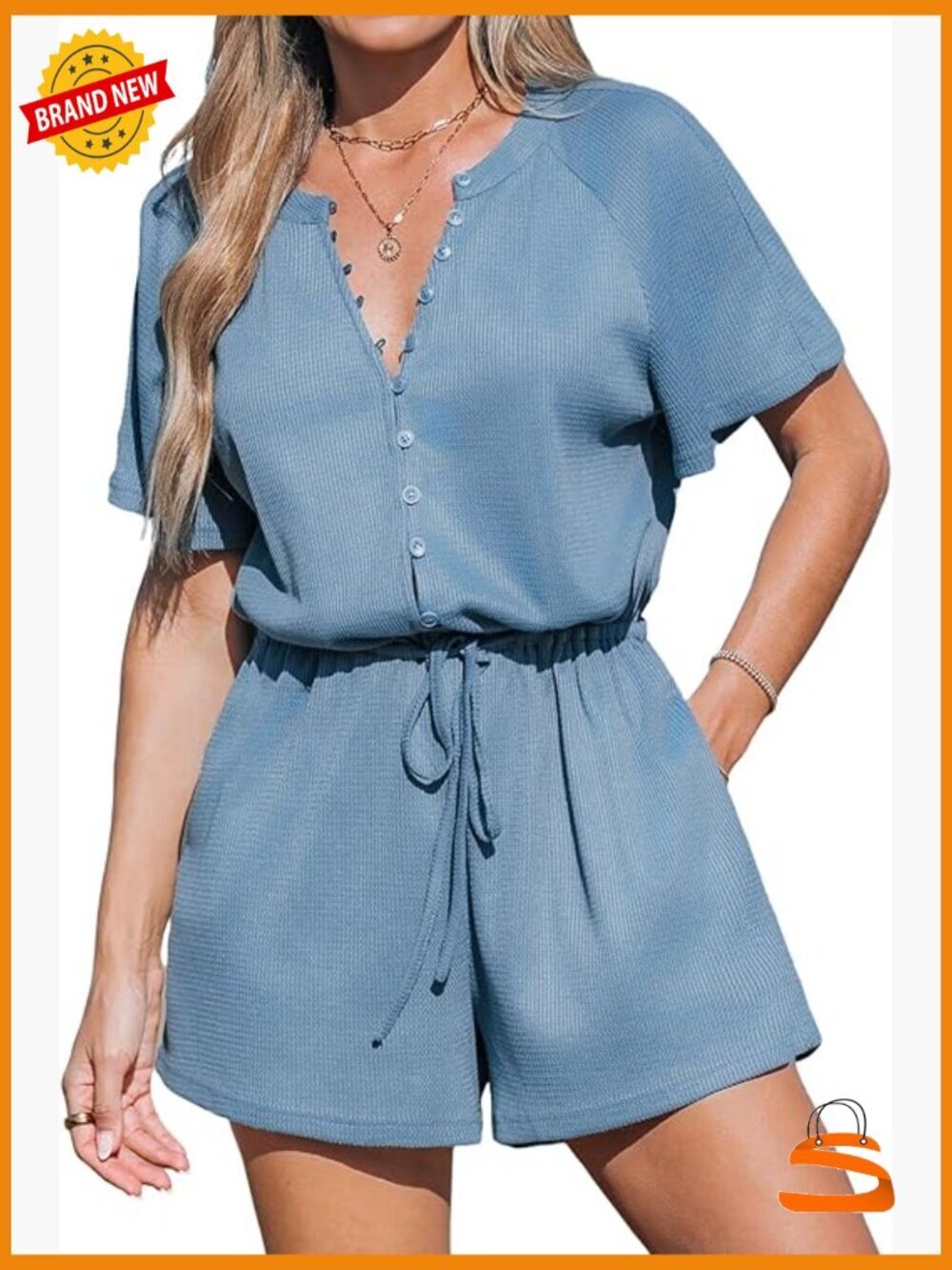 Summer Romper Short Sleeve Button Front Wide Leg Beach Vacation Jumpsuit